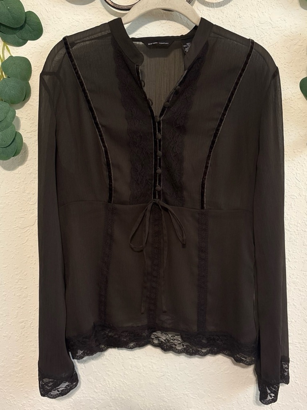 Y2K Brown Sheer Lace and Velvet Trim Whimseygoth Top ✨